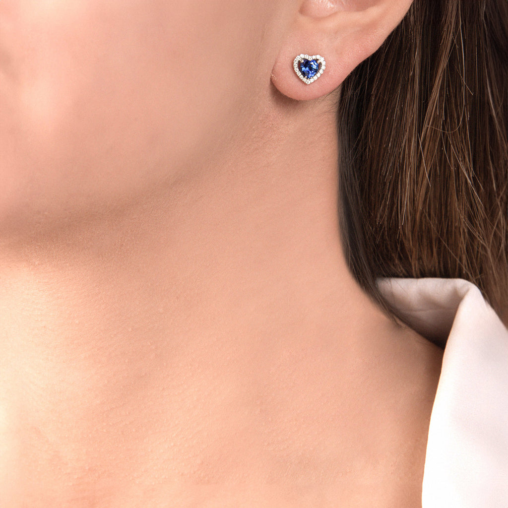 Orecchini Cuore con Zaffiro e Diamanti